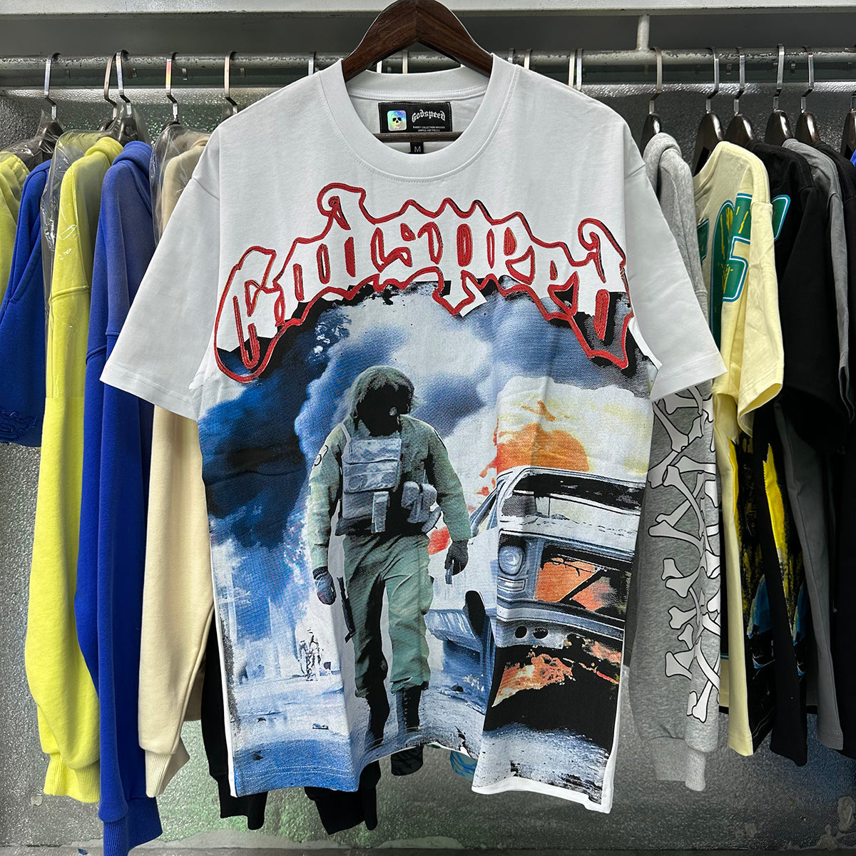 Godspeed T-shirts Fire Car Printing Cotton Casual Short Sleeves Men and Women