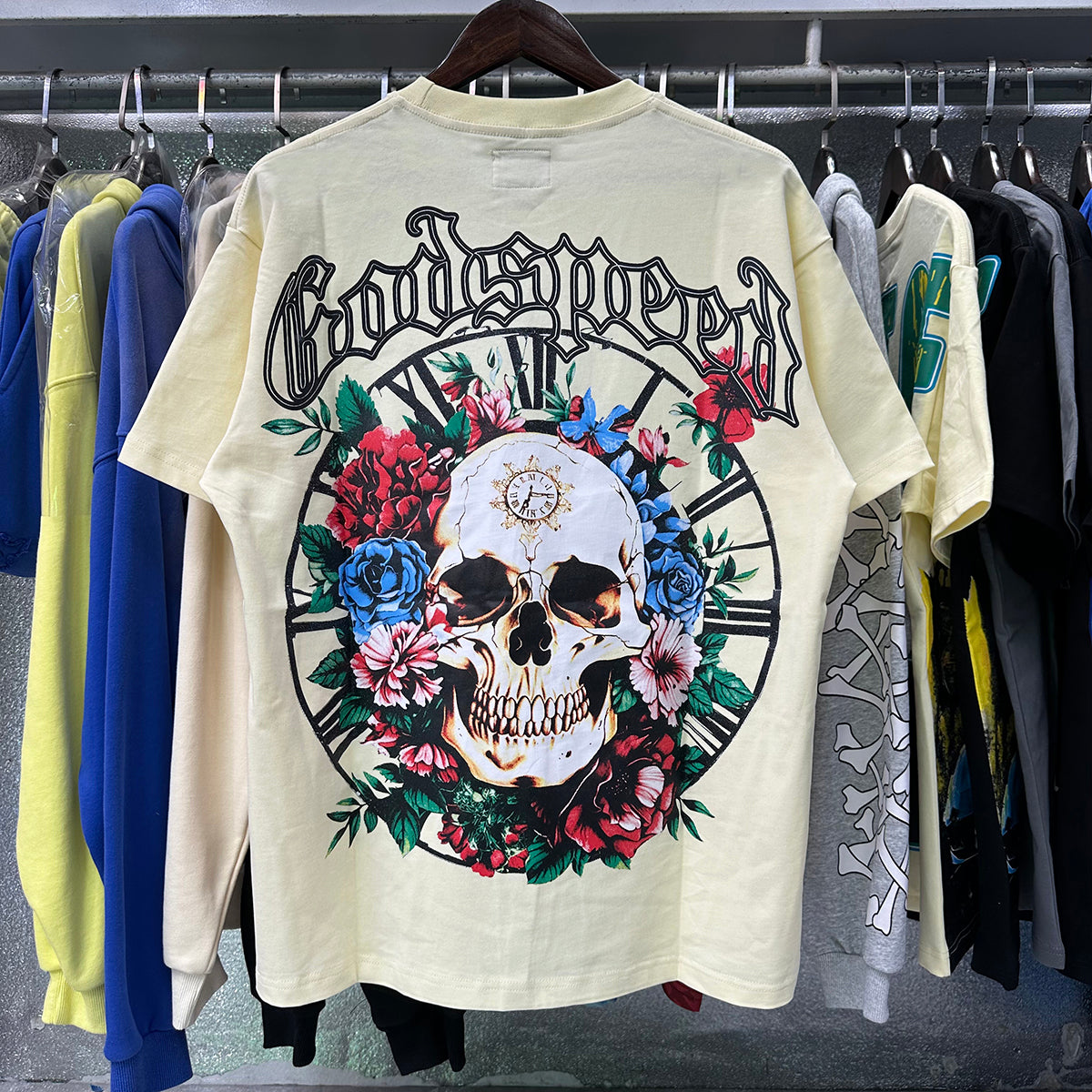 Godspeed T-shirts Skull Rose Clock Plate Double Yarn Cotton Casual Short Sleeve Men and Women