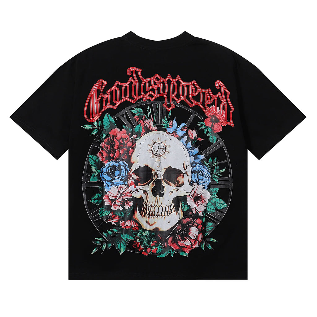 Godspeed T-shirts Skull Rose Clock Plate Double Yarn Cotton Casual Short Sleeve Men and Women