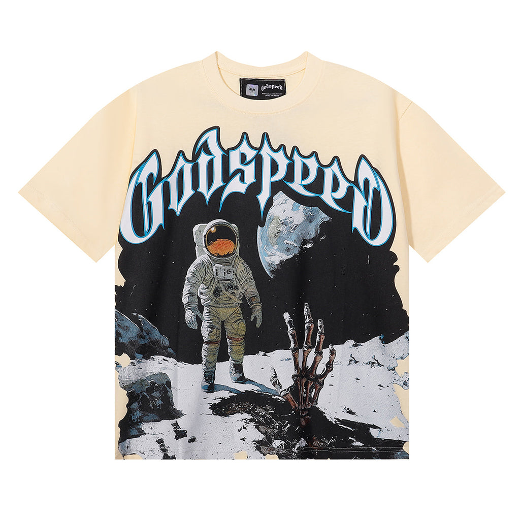 Godspeed T-shirts Astronaut Moon Landing Print Cotton Casual Short Sleeve Men and Women