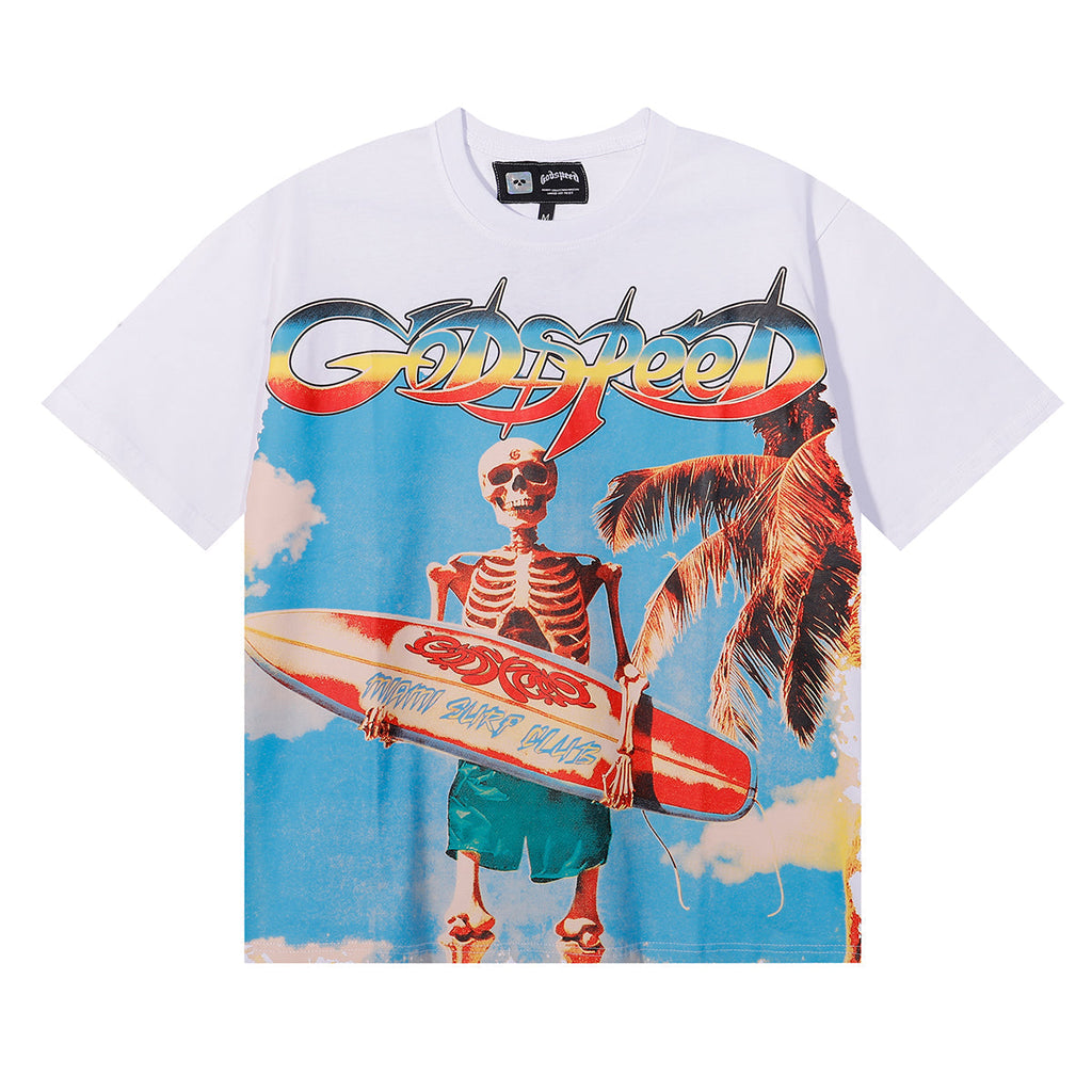 Godspeed T-shirts Beach Skull Surfboard Print Cotton Casual Short Sleeve Men and Women