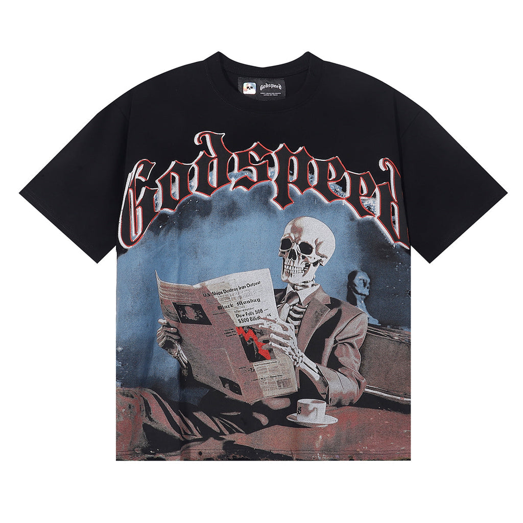 Godspeed T-shirts Newspaper Skull Printing Cotton Casual Short Sleeves Men and Women