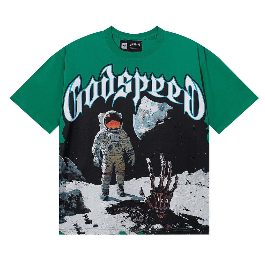 Godspeed T-shirts Astronaut Moon Landing Print Cotton Casual Short Sleeve Men and Women