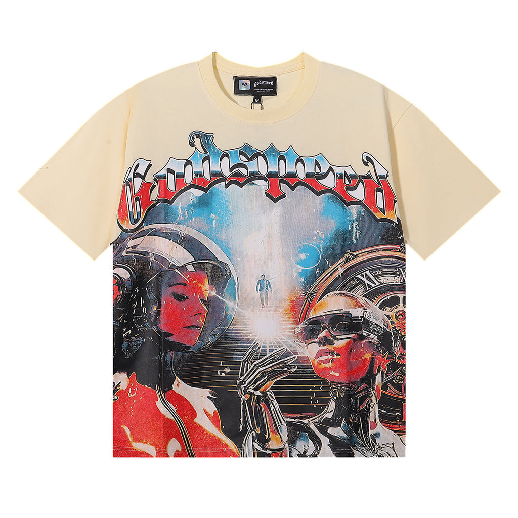 Godspeed T-shirts Astronaut Robot Printed Cotton Casual Short Sleeve Men and Women