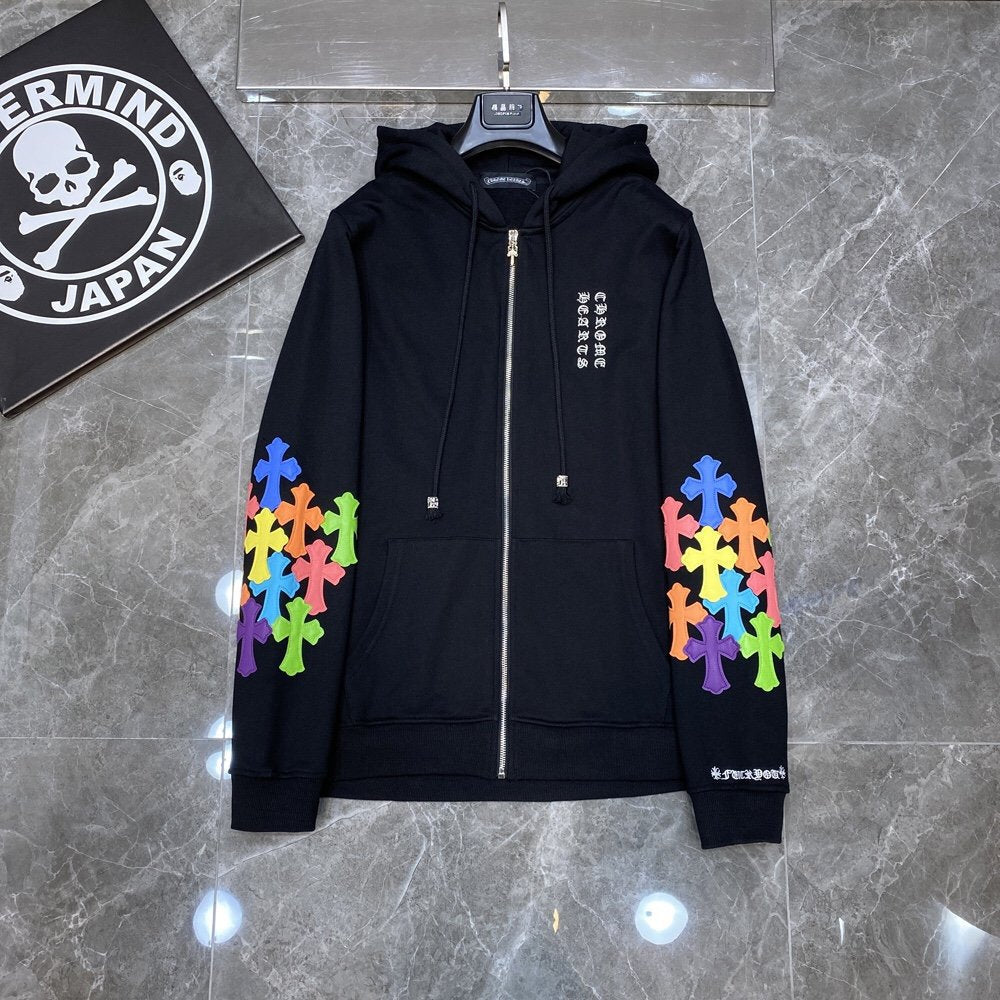 Chrome Heart Hoodie Crowe Double Arm Embroidered Colored Cross Group Leather Zip Sweater