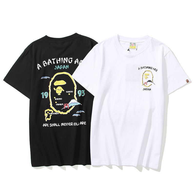 Bathing Ape T-Shirt Summer Golden Printing Men's and Women's plus Size Loose Short Sleeve
