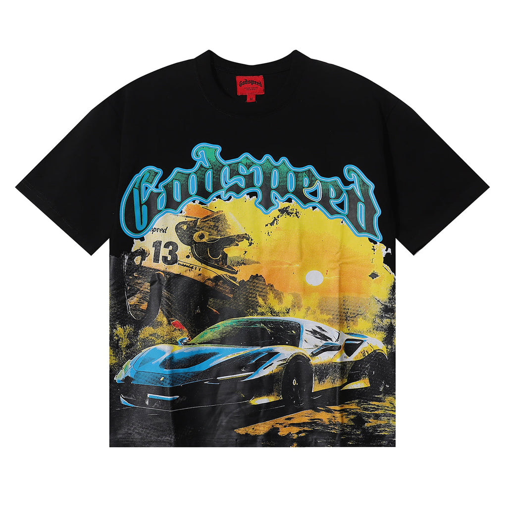 Godspeed T-shirts Racing Sunset Print Cotton Crew Neck Short Sleeve Men and Women