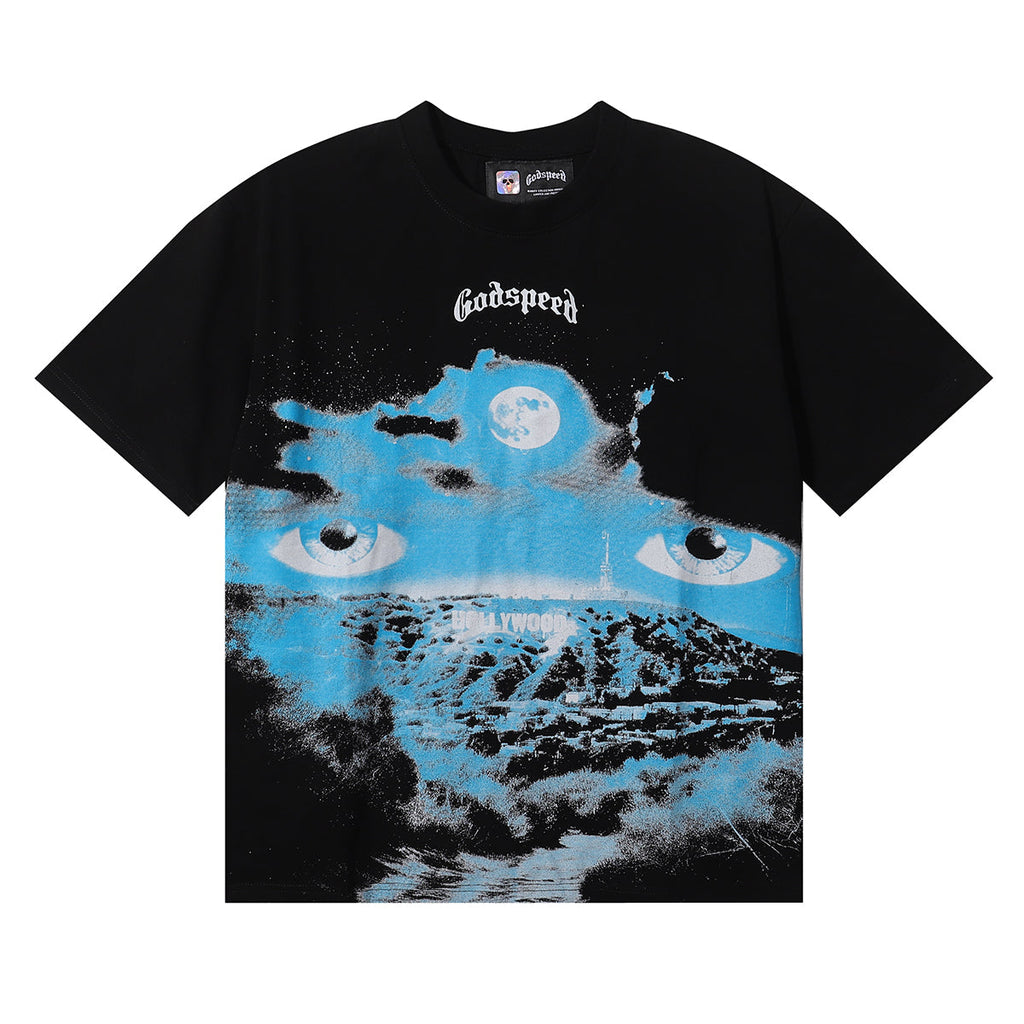 Godspeed T-shirts Hollywood Night Print Cotton Casual Short Sleeve Men and Women