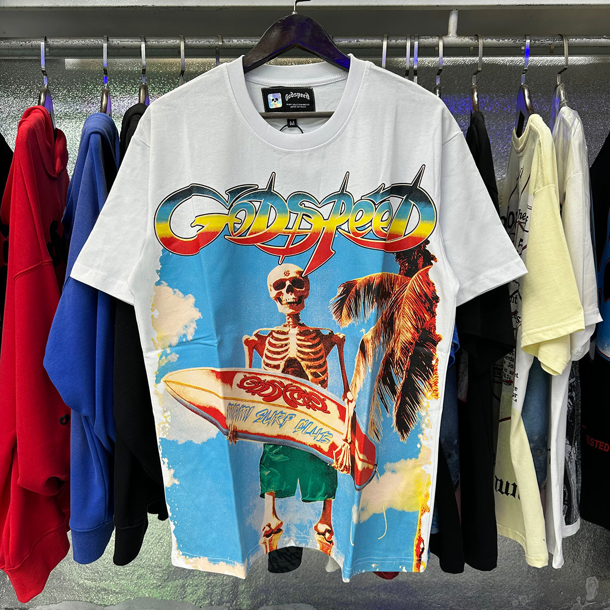 Godspeed T-shirts Beach Skull Surfboard Print Cotton Casual Short Sleeve Men and Women