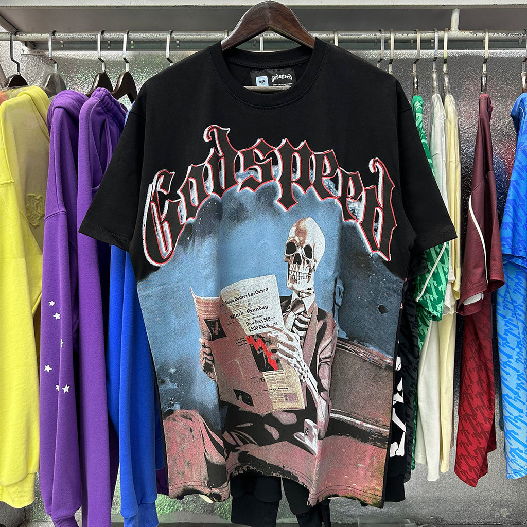 Godspeed T-shirts Newspaper Skull Printing Cotton Casual Short Sleeves Men and Women