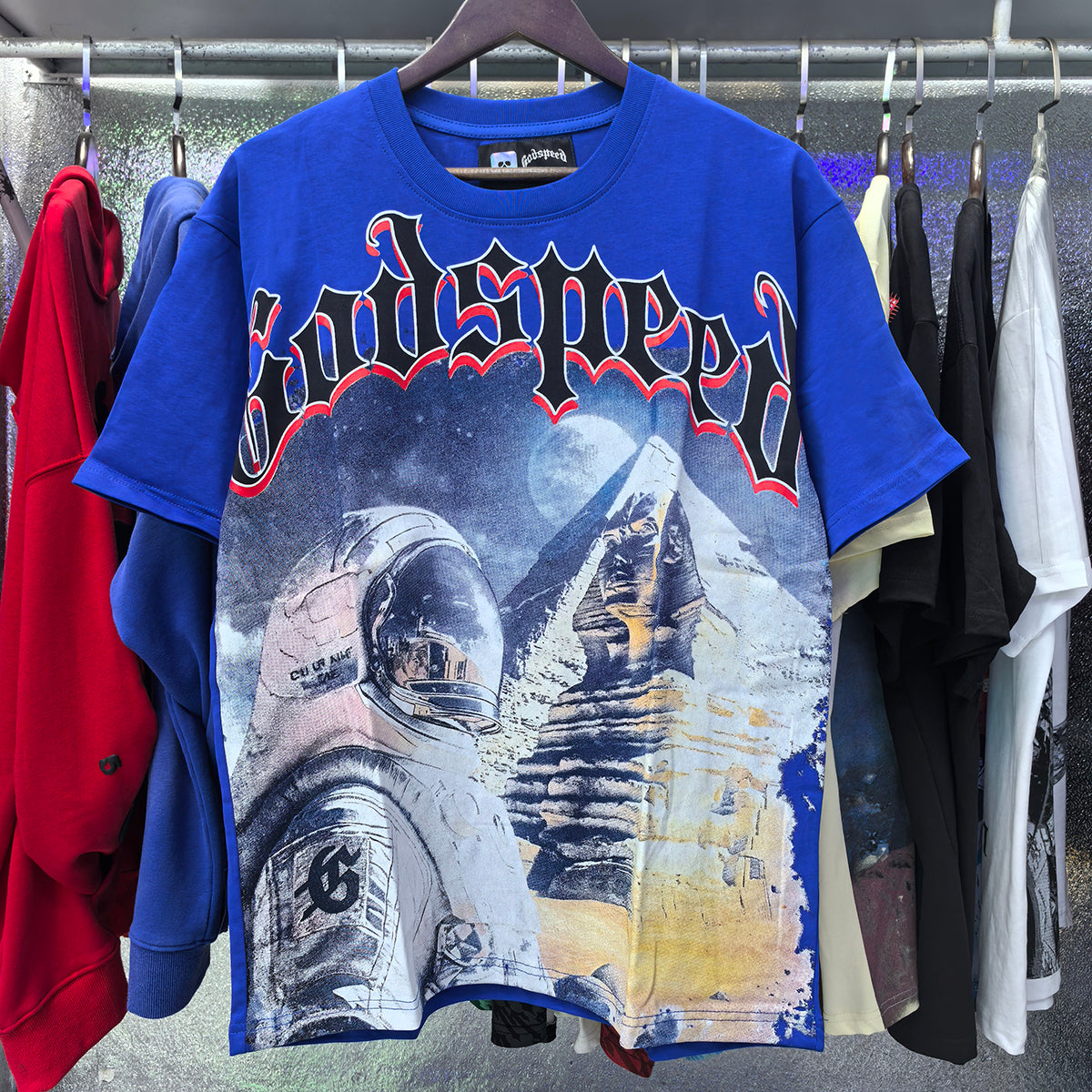 Godspeed T-shirts Spacesuit Pyramid Printing Cotton Casual Crew Neck Short Sleeve Men and Women