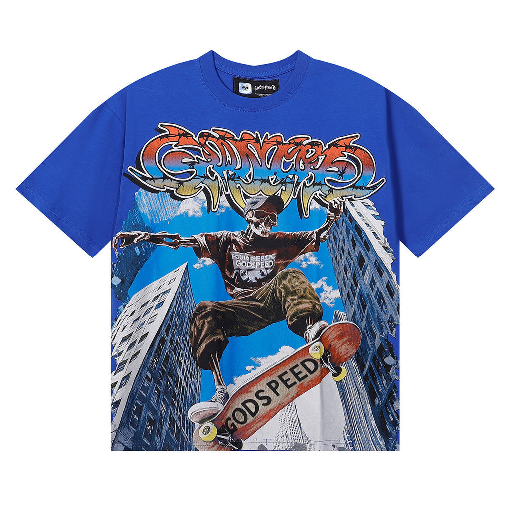 Godspeed T-shirts Urban Skateboard Skull Junior Print Cotton Casual Short Sleeve Men and Women