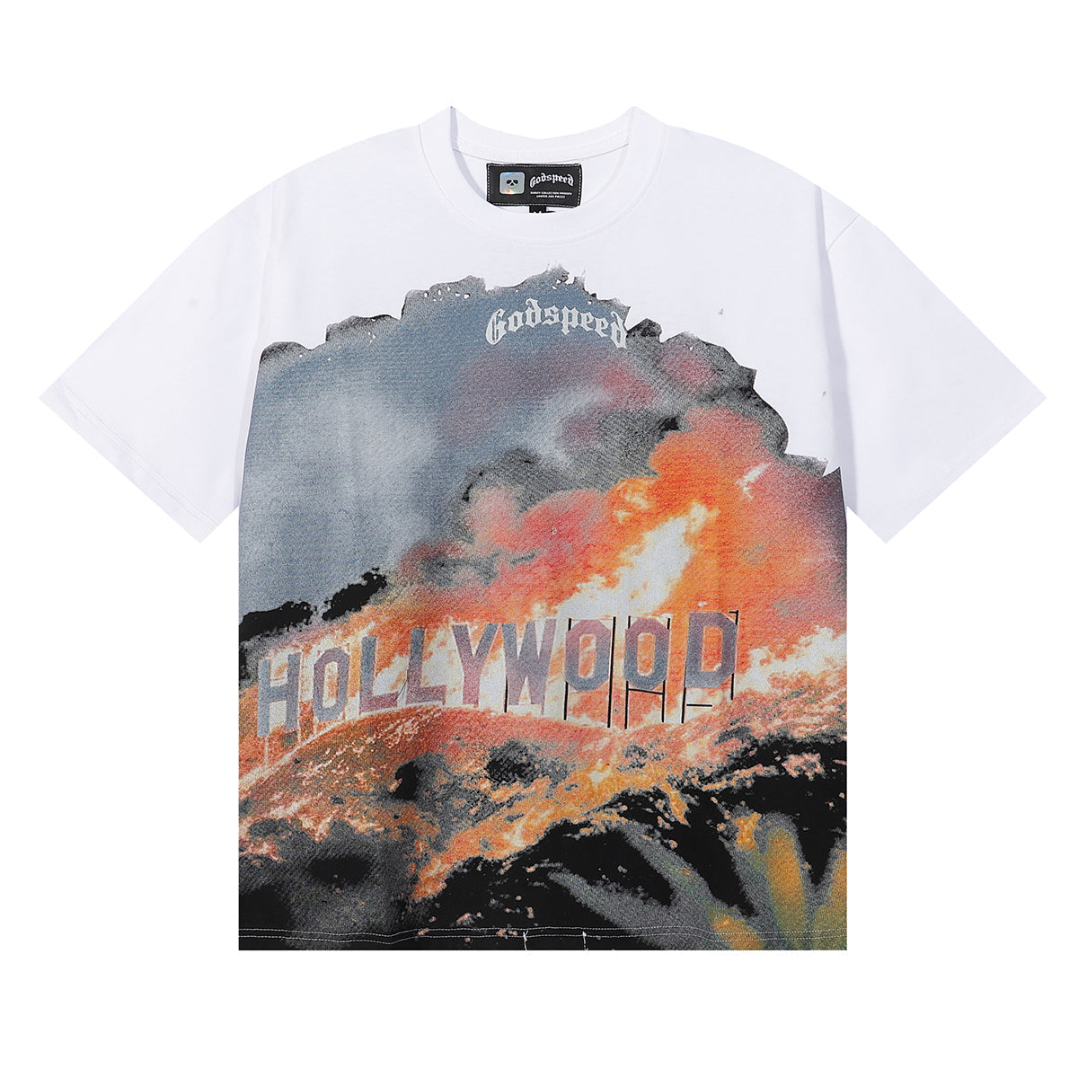 Godspeed T-shirts Los Angeles Hollywood Hills Fire Print Cotton Casual Short Sleeve Men and Women