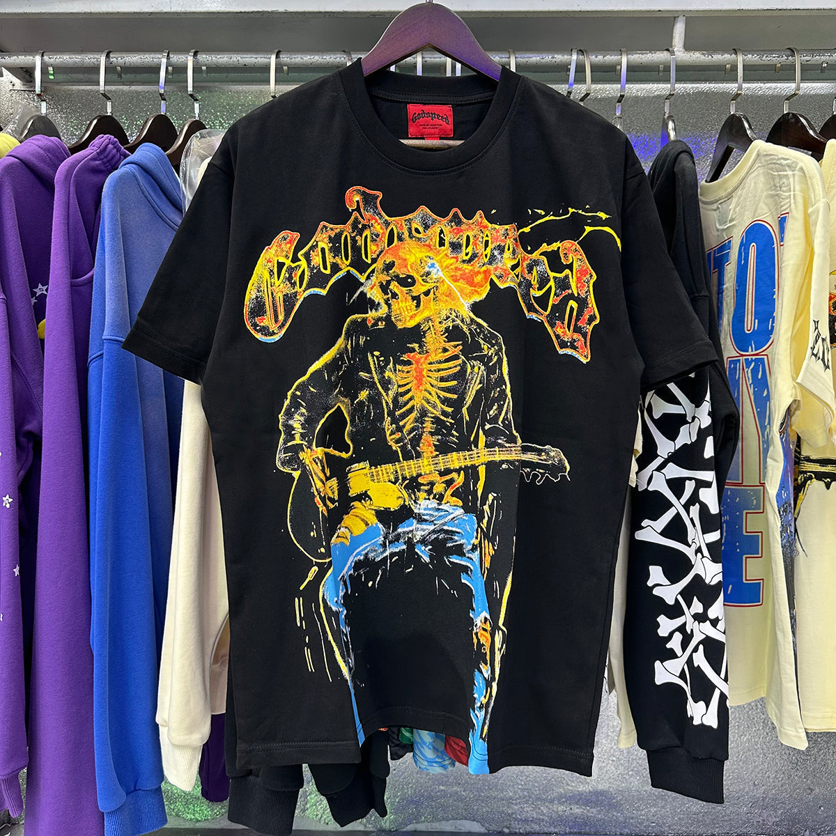 Godspeed T-shirts Guitar Skull Denim Print Casual Crew Neck Short Sleeve Men and Women
